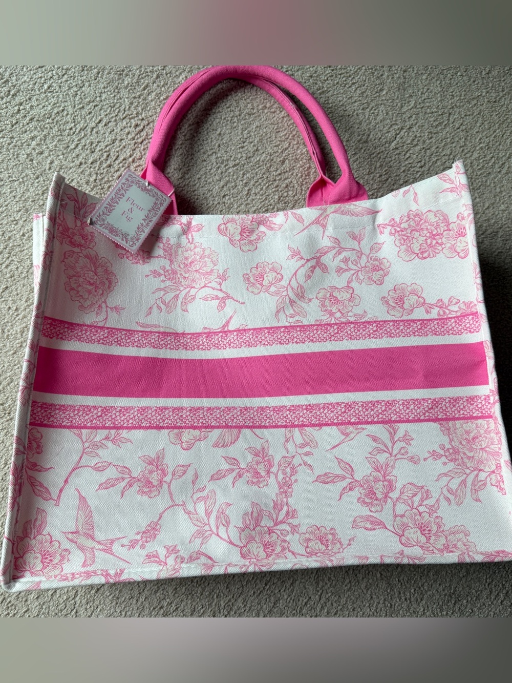 Tote bag Fleur & Fig - Pink & White Flowers Birds Floral 16” X × 13.5” X 5” New